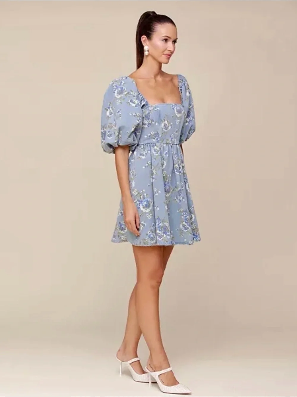 AVEC LES FILLES Square-Neck Puff-Sleeve Floral Mini Dress